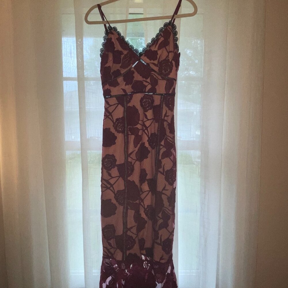 Lulus | Alluring Dream Burgundy Floral Mesh Lace Trumpet Midi Dress
